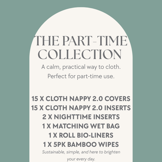 Product description card for 'The Part Time Collection' on a light green background