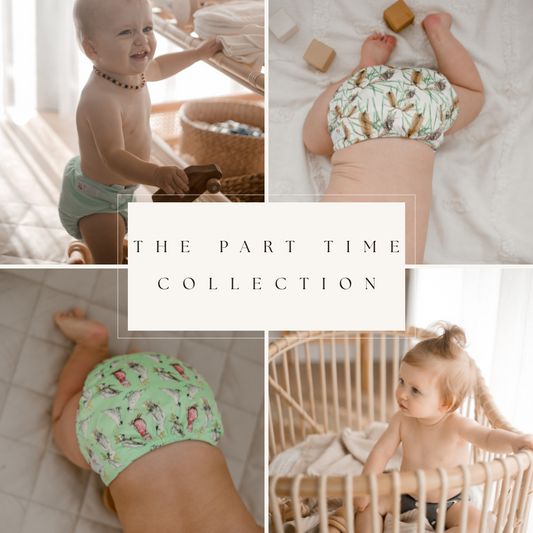 Collage of a women and baby wearing cloth diapers with 'The Part Time Collection' text.