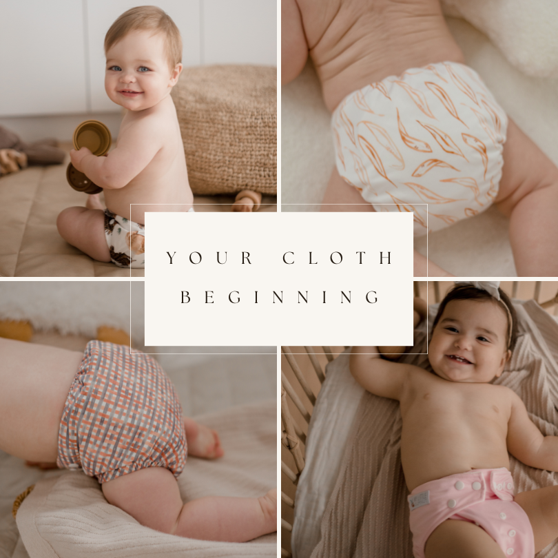 Lifestyle photo of the Your Cloth Beginning reusable cloth nappy bundle, featuring cloth nappies and inserts.