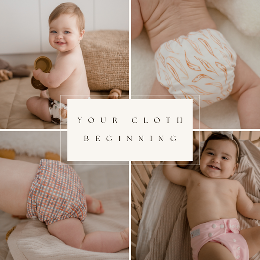 Lifestyle photo of the Your Cloth Beginning reusable cloth nappy bundle, featuring cloth nappies and inserts.