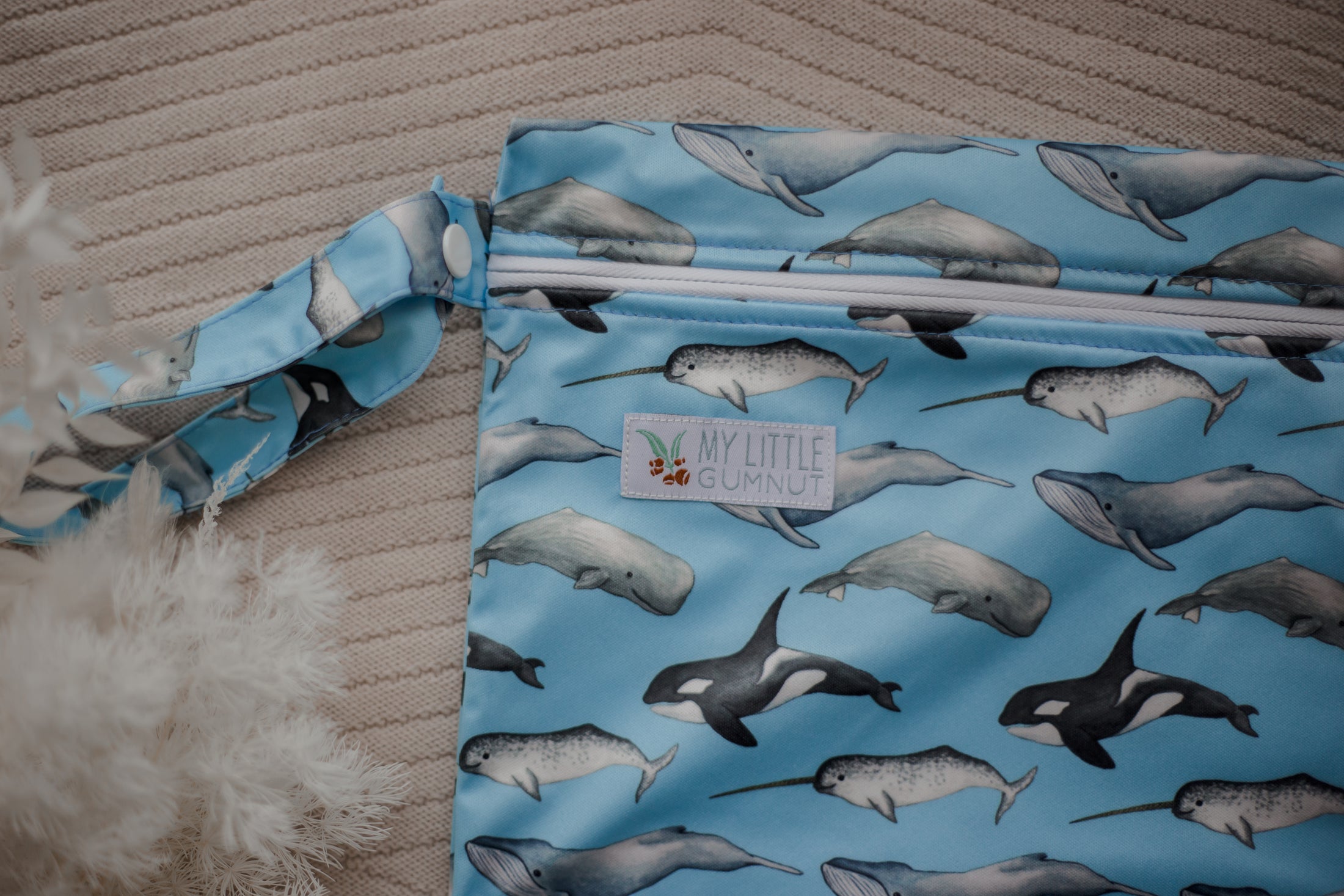 My little gumnut Wet Bag. Cloth nappy bag. Whales wet bag. Oceania. 