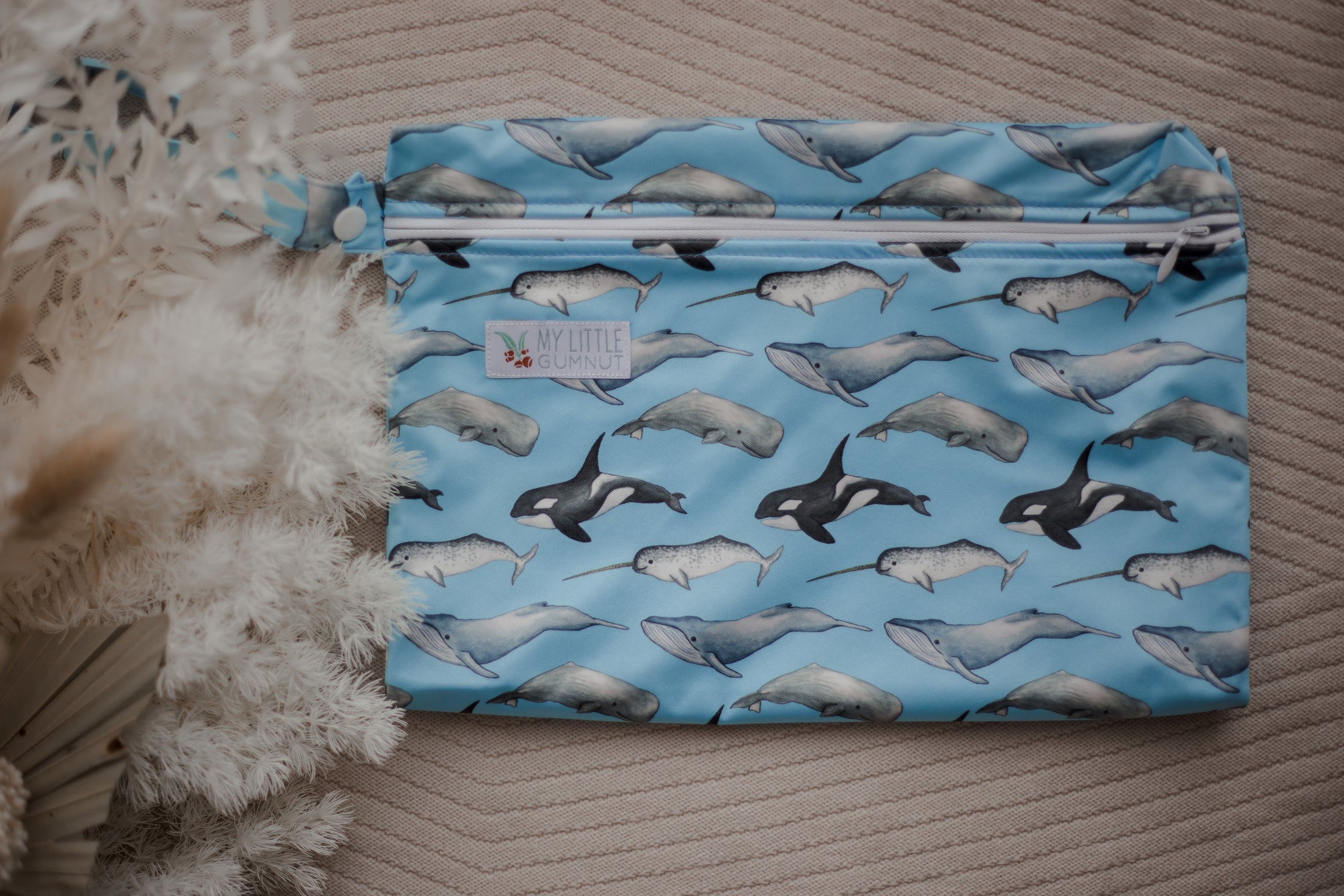 My little gumnut Wet Bag. Cloth nappy bag. Whales wet bag. Oceania. 