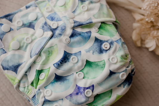 xdouble gusset cloth nappies by my little gumnut. reusable nappy australia. cloth nappies australia. eco friendly nappies. mermaid nappy.
