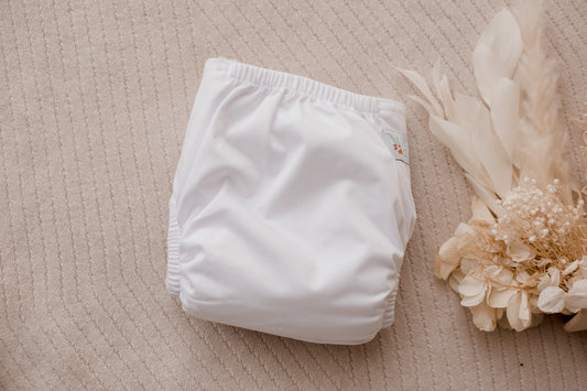 newborn cloth nappy by my little gumnut. australian reusable nappy. white baby nappy.