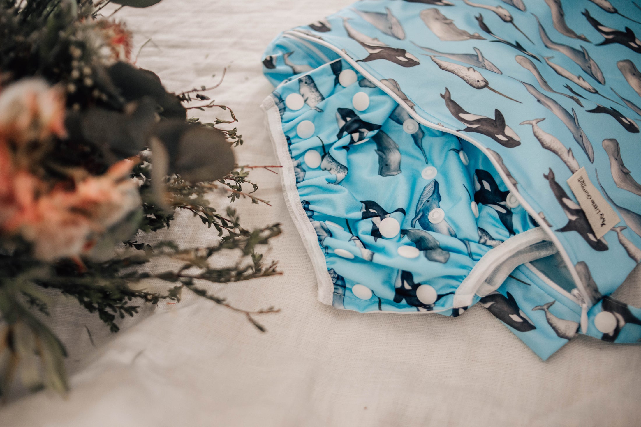 Whales cloth swimming nappy. Reusable swimming nappy. Australian artist design cloth nappy. My little gumnut.  Swim nappy and wet bag bundle.
