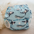 Load image into Gallery viewer, Whales cloth swimming nappy. Reusable swimming nappy. Australian artist design cloth nappy. My little gumnut. 
