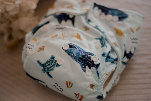 Reusable cloth nappies by My Little Gumnut. Reusbale cloth diapers. Marine life cloth nappy. Australian cloth nappies. 